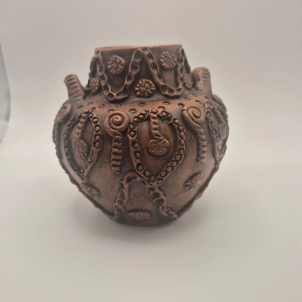 Handmade in Greece Terracotta Pottery Vase Ornate Brown Rustic Decor 4.5in